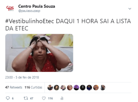 Um meme demonstrando a expectativa dos alunos para a lista de classificados da Etec foi o post com maior alcance no Twitter