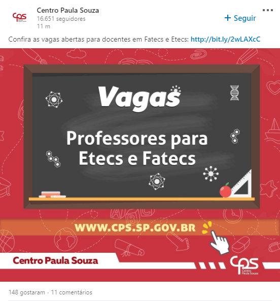 No Linkedin, a publicação com maior alcance foi a divulgação de vagas para professores nas Etecs e Fatecs