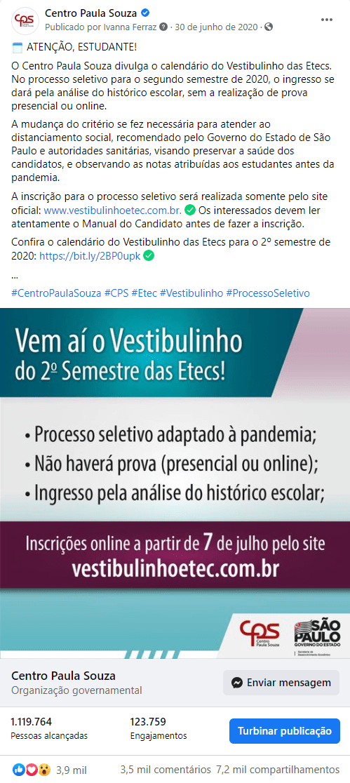 Post Facebook sobre o Vestibulinho das Etecs do 2º semestre de 2020