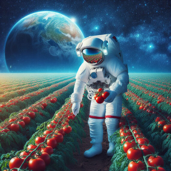Imagem gerada por Inteligência Artificial representa o hipotético cultivo de tomates por astronautas, no espaço | Arte: Bing