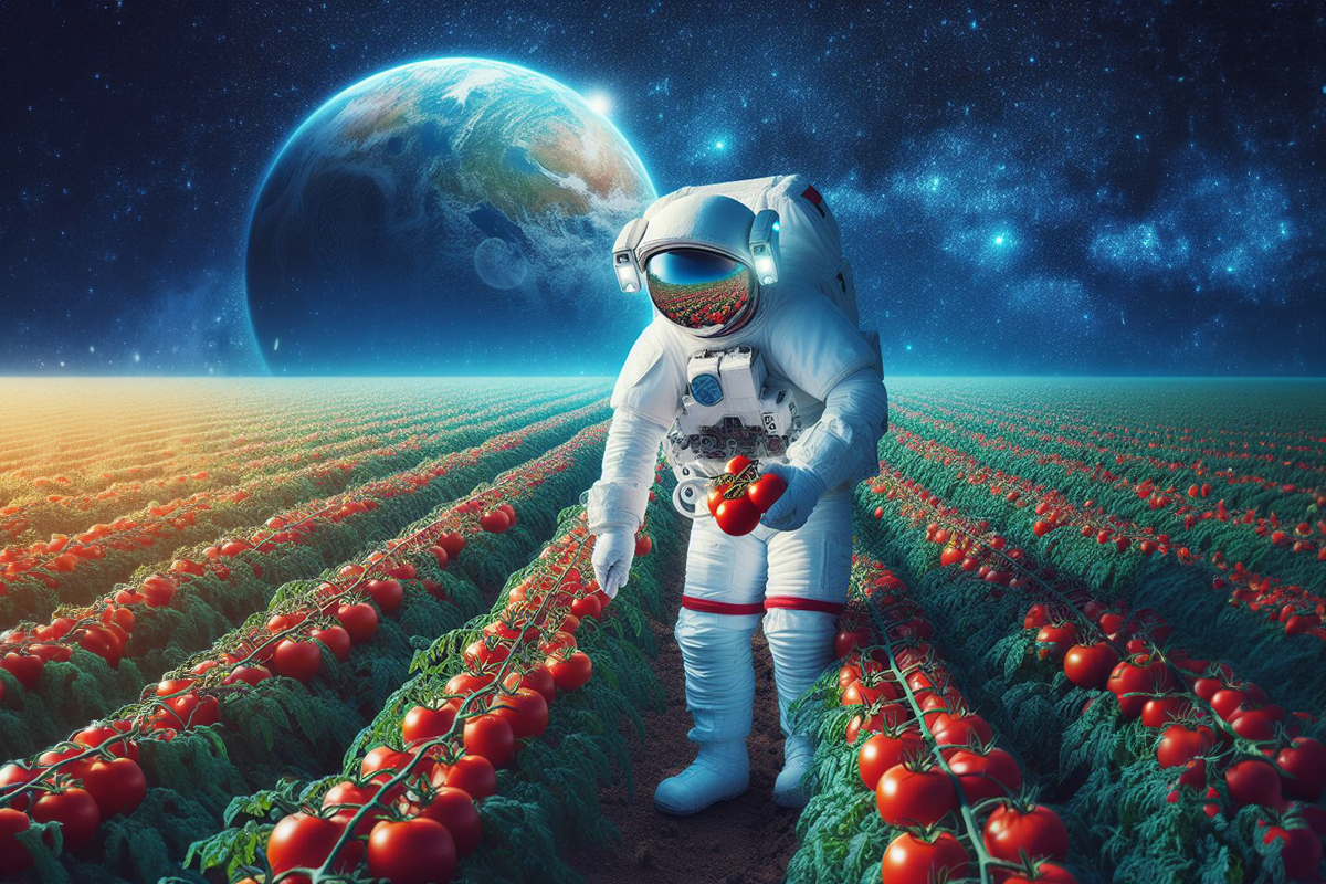 Imagem gerada por Inteligência Artificial representa o hipotético cultivo de tomates por astronautas, no espaço | Arte: Bing