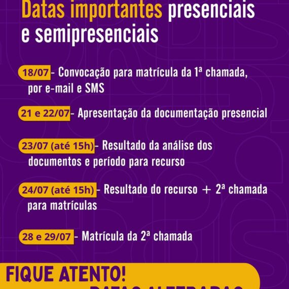 Calendário de Matrículas 2º semestre 2025
