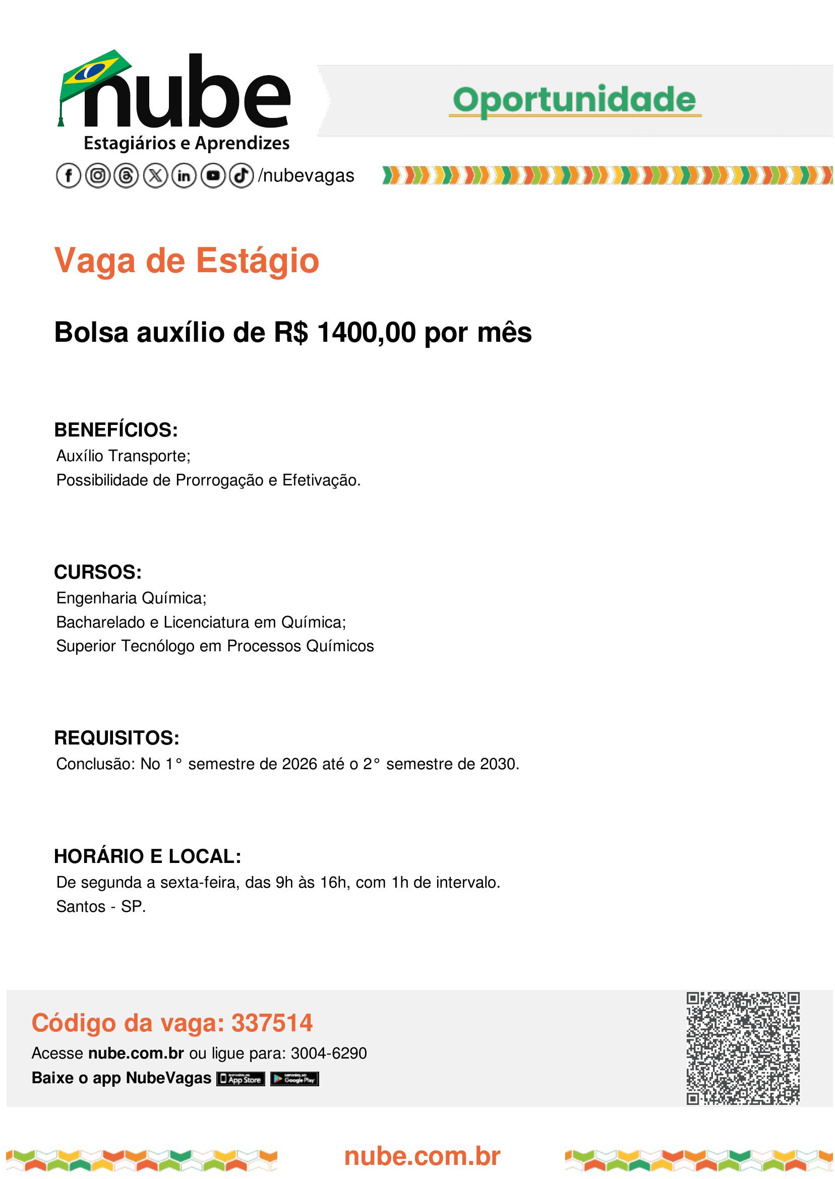 Vaga de estágio para alunos de Processos Químicos