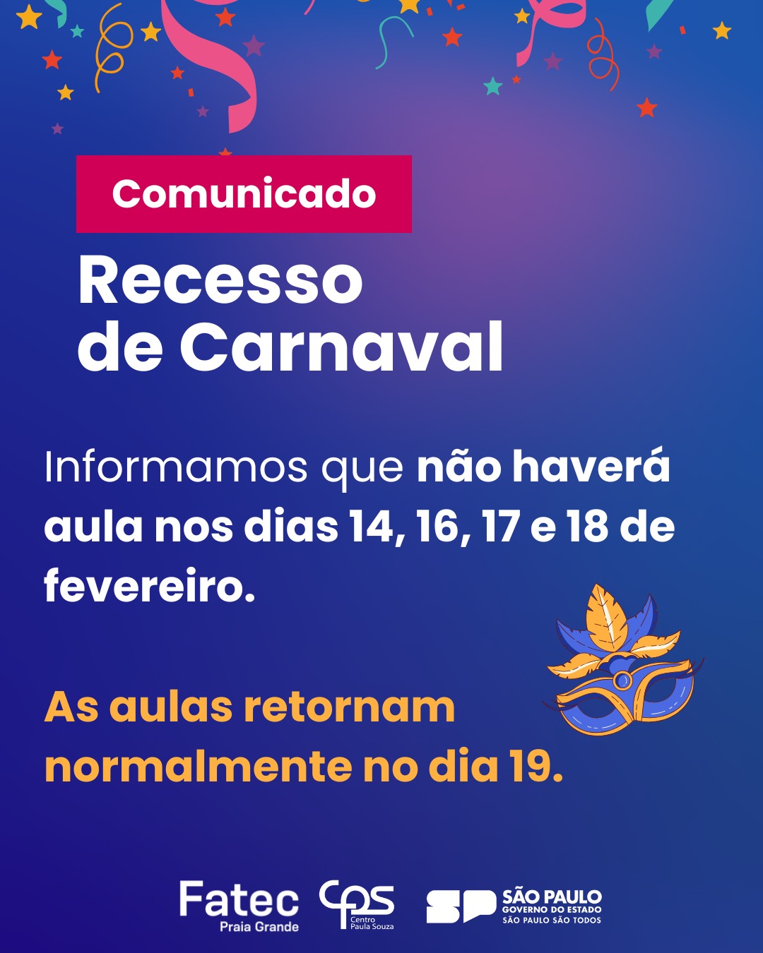 Expediente da Fatec PG no Recesso de Carnaval