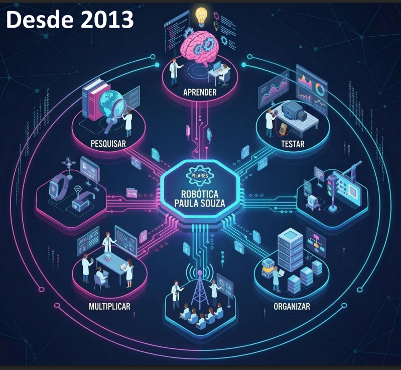 Infográfico ilustrando as conexões e etapas do projeto de Robótica