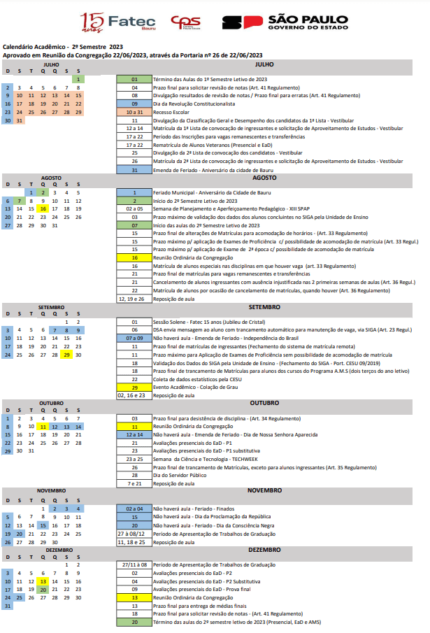 Calendário Acadêmico Fatec Bauru