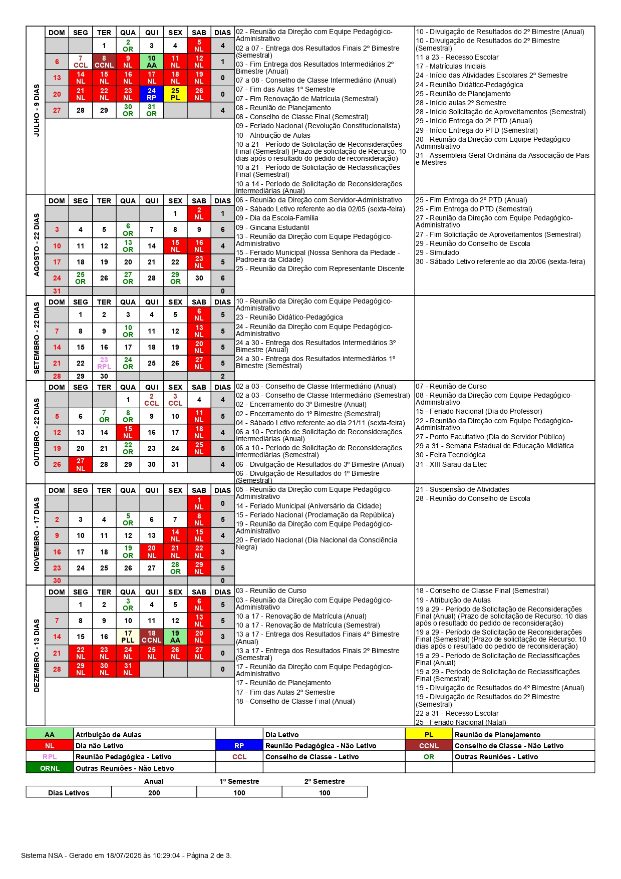 Calendário Escolar – Etec Padre Carlos Leôncio da Silva – 2º semestre de 2025